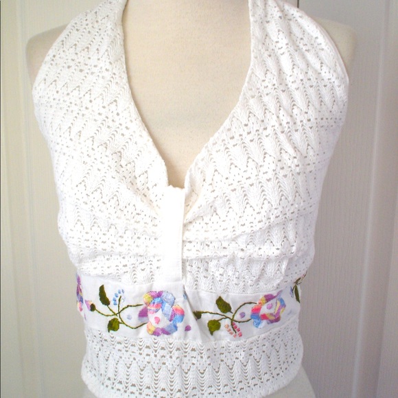 Vintage Mexico WHITE Crochet Embroidered HalterTop - Picture 2 of 16